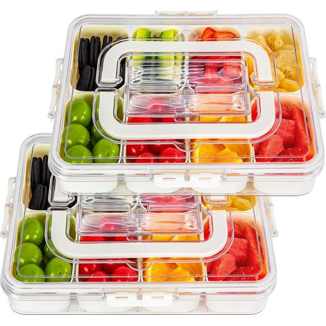 2pcs Snack Box Boîte à goûter à 8 compartiments, Boîte à goûter avec couvercle et poignée, Plateau de Service Divisé, Assiette à goûter pour bonbons, noix, fruits, biscuits et desserts (1/5)