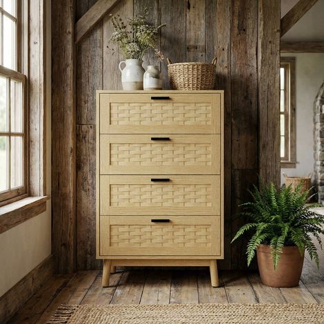 Commode 4 tiroirs, aspect rotin tressé, pieds bois massif, grande capacité, idéale pour chambres, salons, entrée, style champêtre - Naturel (1/5)