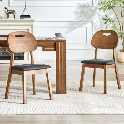 Juego de 2 sillas de comedor de madera de caucho con respaldo ovalado, asiento acolchado, color negro (1/5)