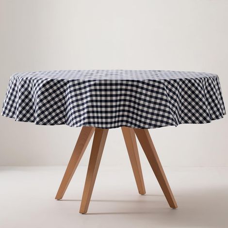 1 Nappe Ronde 160x160 cm, Coton Polyester, Motif Vichy Bleu Marine, Traitement Antitache, Intérieur Extérieur