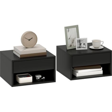 Ensemble de 2 tables de chevet murales noires avec tiroir et espace de rangement 37 x 32 x 21 cm idéal pour chambre moderne (1/5)