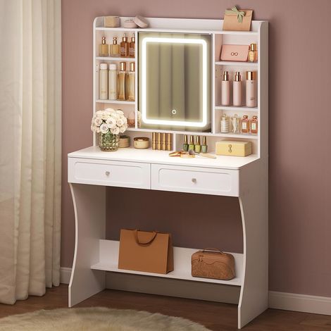 WOLTU Coiffeuse avec Étagères Ajustables, Table de Maquillage avec Miroir LED, 3 Couleurs, 8 Casiers Ouverts, 2 Tiroirs, en Bois, Blanc (1/5)