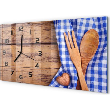 Horloge Murale Panoramique Artistique 60x30 cm Verre Trempé Design Original Couverts en bois (1/5)