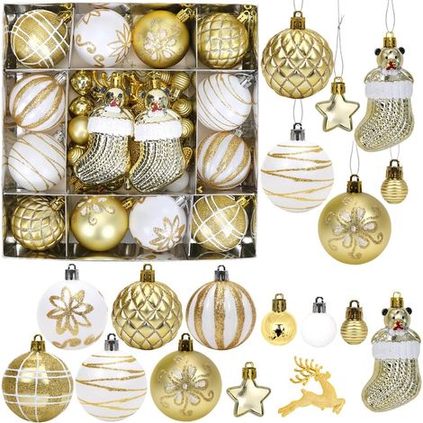 Goldene und weiße Weihnachtskugeln, 44-teiliges Set, Christbaumschmuck, goldene und weiße Kunststoffkugeln für den Weihnachtsbaum, Partydekoration (1/5)