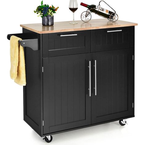 COSTWAY Kücheninsel mit Arbeitsplatte und Handtuchhalter, Küchenwagen mit 2 Schubladen und Türen, Servierwagen mit Rollen aus Holz, 94 x 45,5 x 94,5 cm, Schwarz