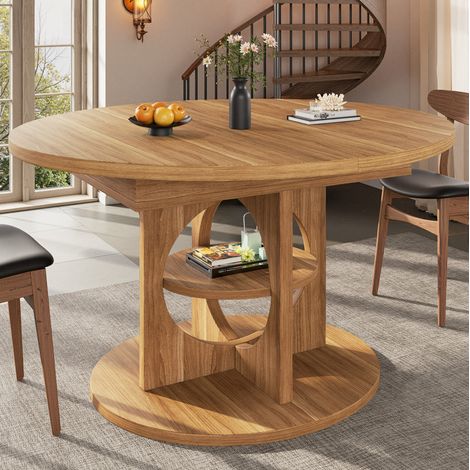 Tavolo allungabile 110-150 cm con vano contenitore, da rotondo a ovale, effetto legno DESVIAE (1/5)