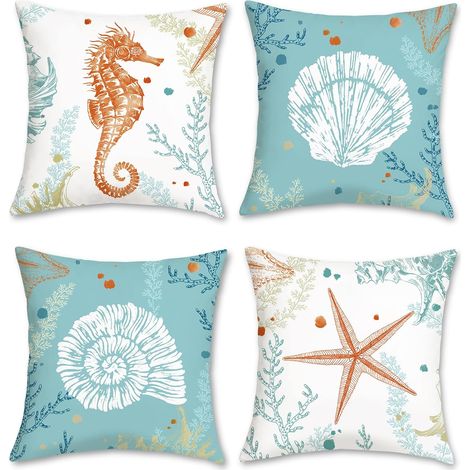 Lot de 4 Housse de Coussin Océan 45 x 45 cm Hippocampe Étoile de Mer Plage Polyester d'oreiller pour Canapé Lit Chaise Jardin Maison Décoration (1/5)