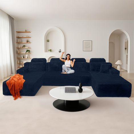 Canapé modulaire super grand en U avec 2 méridiennes, confortable en velours côtelé mousse à mémoire de forme,sans assemblage Bleu