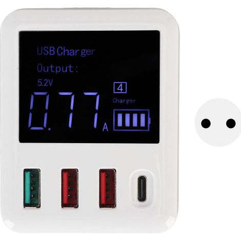 Chargeur de Voyage USB 4 Ports QC3.0 PD20W avec Écran LCD, Charge Rapide USB-C, 100‑240V Prise EU (1/5)