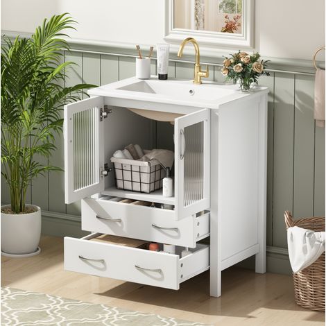 Mueble de baño independiente de 61 cm con 2 cajones y puerta de cristal estriado, lavabo de cerámica, blanco brillante. (1/5)
