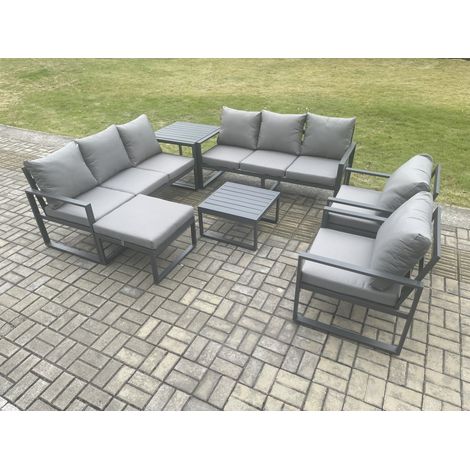 Fimous Aluminium Patio Outdoor Garden Furniture Lounge Sofa Set with Square Coffee Table 2 Chairs Big Footstool Side Table Dark Grey (1/5)