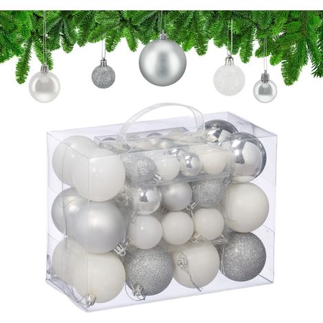 Juego de bolas de Navidad plateadas y blancas, varios acabados