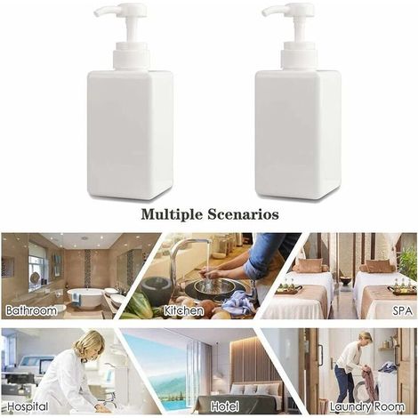 Dispenser di sapone da 450 ml, set di 2 flaconi vuoti in plastica con dosatore per cucina e bagno - Bianco (1/4)
