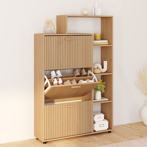 Mueble zapatero 18 pares JULIETTE imitación haya con 3 puertas negras y estante