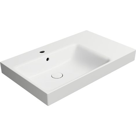Lavabo en céramique NUBES 80x50cm, étagère à droite, blanc mat (1/3)