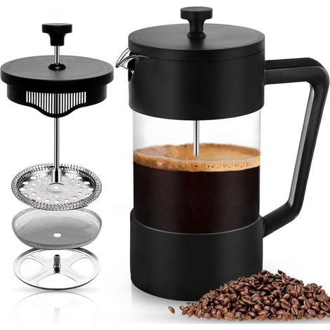 Cafetière à piston 1000 ml (5 tasses), carafe en verre borosilicate, triple filtre en acier inoxydable (noir)
