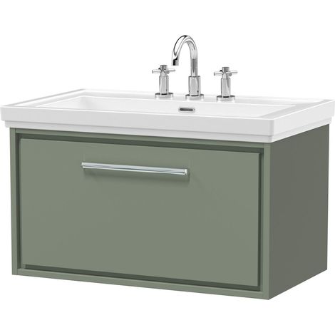 Balterley Longnor Modern Bathroom Wall Hung Single Drawer Vanity Unit with Fireclay Basin, Fern Green, 800mm