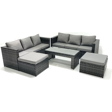 Fimous Garten Rattanmöbel Set mit Sofa Couchtisch 2 hohen Hockern Dunkelgrau Gemischt (1/5)