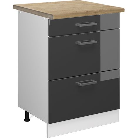 Meuble cuisine R-Line, Anthracite Haute brillance, 60 cm avec tiroirs, PT Chêne, Vicco