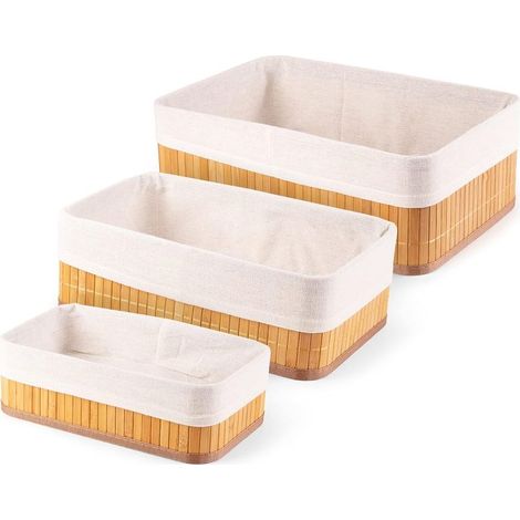 Lot de 3 paniers de Rangement en Bambou avec poignées, Bambou Naturel, Doublure en Tissu(30x20x12cm,24.5x15x10cm,19.5x10x8cm) (1/5)