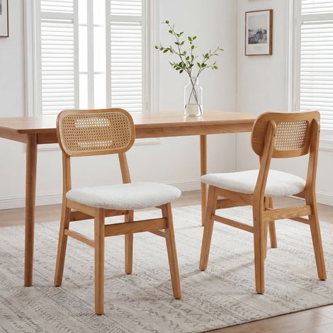 Wahson Lot de 2 chaises salle à manger en rotin – Coussin doux en fausse fourrure – Cadre en bois massif – Dossier élégant – Beige