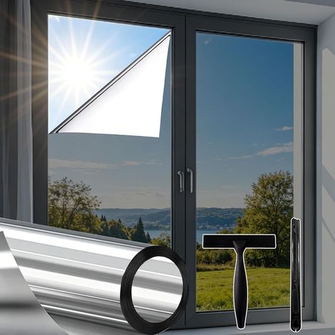 Mirrored Window Film Privacy Screen Sun Protection UV Protection Heat Protection Opaque Ideal for Living Room and Office 60 x 200 cm Silver (1/5)