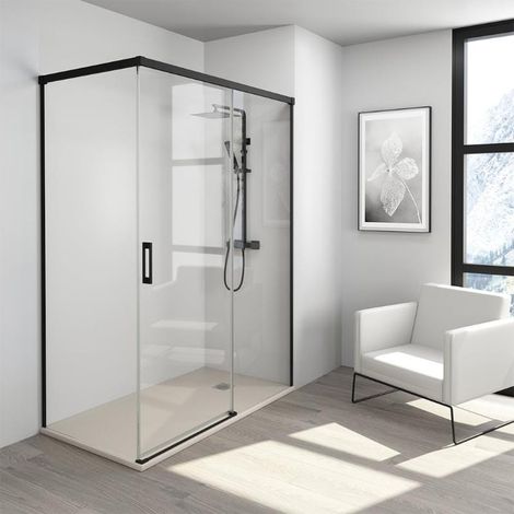 Mampara de ducha frontal + Puerta Corredera 135  cm y lateral fijo MUSE perfil negro 70 cm