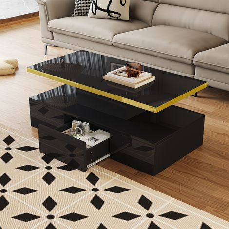 Mesas de centro fijas 100x50x39cm, mesa de salón, con cajón, LED, aglomerado, negro (1/5)