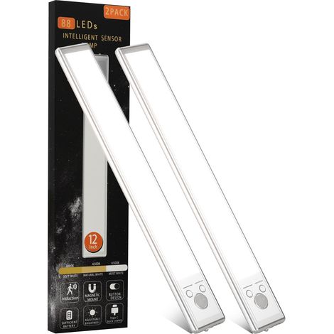 Unterbauleuchte, 88 LEDs mit Bewegungssensor, USB-wiederaufladbarer 2200-mAh-Akku, dimmbare magnetische Beleuchtung für Schränke, 3 Farbtemperaturen, 2er-Set für Küche, Treppe, Kleiderschrank (30 cm -