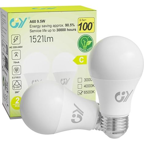 GY E27 LED Bulb 9.5W, 6500K Cool White 1521 Lumens, A60 E27 LED Bulbs Energy Efficiency, Frosted, Non-Dimmable (1/5)