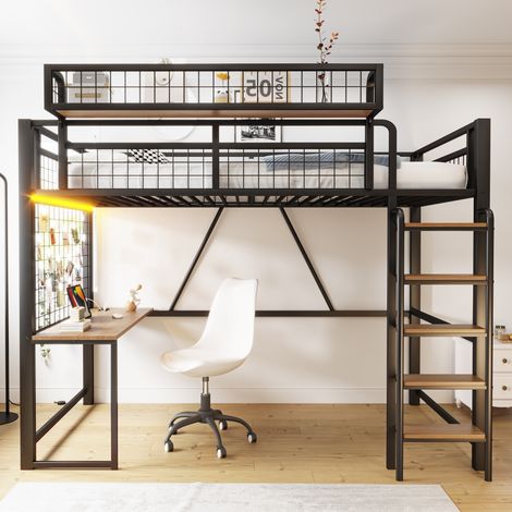 Lit mezzanine 90x200 cm avec bureau, prise européenne et LED, filet de rangement, panier amovible, échelle sécurisée, métal - Noir (1/5)
