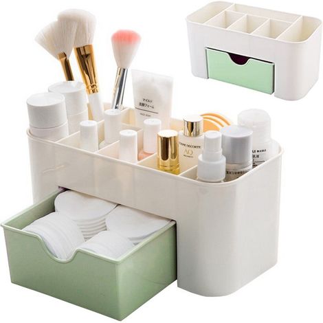 Organisateur de bijoux et cosmétiques avec tiroir, vert, en plastique, 6 compartiments, porte-pinceaux vert (1/5)