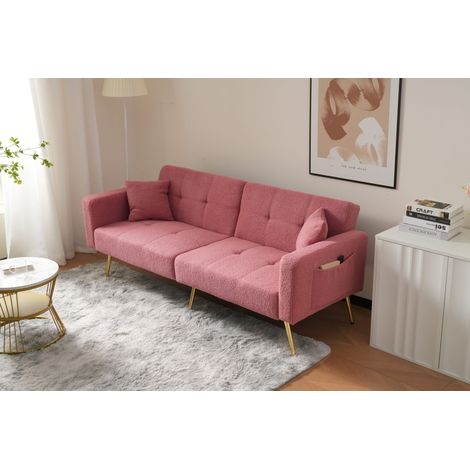 Canapé convertible avec dossier inclinable, piètement laiton doré, coussins inclus, rangements latéraux pratiques, idéal pour petit espace. (1/5)