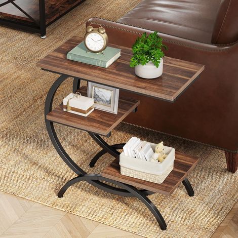 Tribesigns Table d'Appoint Bois, Petite Table Basses, Table de Chevet, Bout de Canapé avec 3 Étagères pour Salon, Chambre à Coucher, Marron Foncé