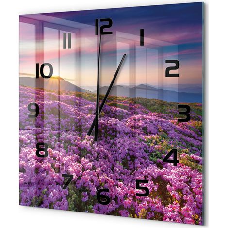 Grande Horloge Murale Carrée Décorative en Verre Silencieuse Salon Cuisine Bureau Fleurs dans les montagnes 60x60 cm (1/5)