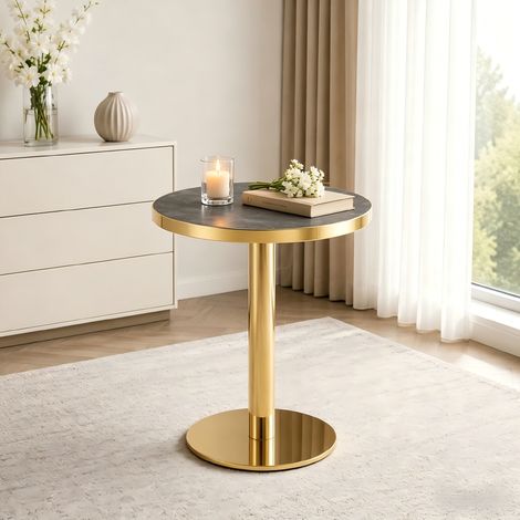 Mesa auxiliar redonda 60x60x74 cm gris y dorado, tablero efecto mármol, MDF y acero inox. (1/5)