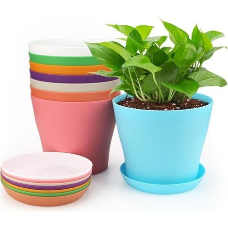 10cm Small Plastic Plant Pots, Indoor Outdoor Planter, Flower Pot with Trays, Suitable for Seedlings, Cactus, Succulents, Orchids, Herbs - 8 Colors (1/5)