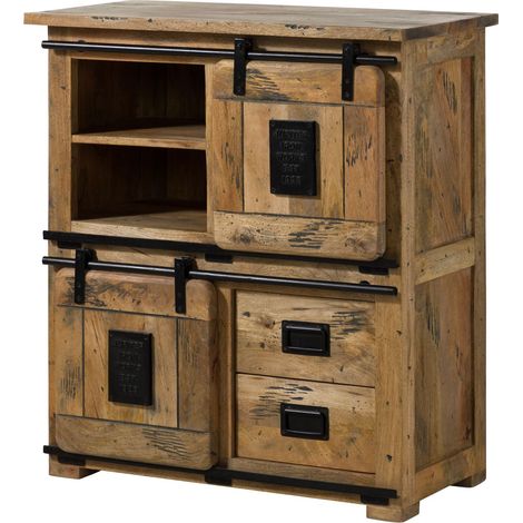 Massivmoebel24 – Buffet en bois de manguier laqué brun clair – Style industriel avec portes coulissantes – 4 étagères ou tiroirs – Dimensions 100x40x80cm