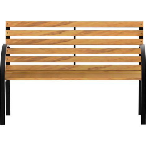 Banc de jardin pour 2 personnes, style rustique chic, assise et dossier à lattes en bois naturel, structure en acier revêtu d'époxy noir