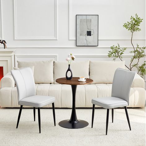 Ensemble table ronde 60 cm en MDF avec 2 chaises PU gris clair, piétement noir, OKWISH (1/5)