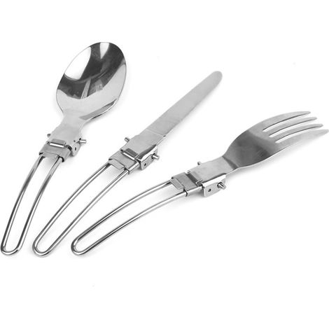 Lot de 3 couverts pliables en acier inoxydable - Cuillère, fourchette, couteau - Set de table portable pour camping et randonnée