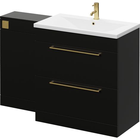 Napoli 460 Matt Black 1300mm 2 Drawer Vanity Unit Toilet Suite with Glide Basin - 1300mm - Brushed Brass 480mm HandleWithout Kingston Toilet Pan