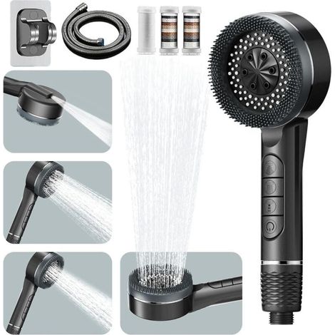 Pommeau deouche Haute Pression , Pommeau Douche Economie Deau 4 Types de Jets Pommeau de Douche Anti Calcaire avec Tuyau Douche 1.5M et Support de Douche , avec Bouton D'arrêt D'eau,Gris [Classe énerg (1/4)