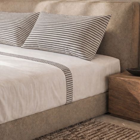 Parure de Lit 2 Personnes 175x200cm - 100% Coton - Drap Housse, Drap Plat, 2 Taie d'Oreiller - Rayures Taupe
