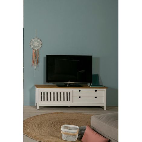 Mueble TV con puerta corredera efecto rejilla y cajones en madera maciza 158 color pino blanco y marrón (1/5)