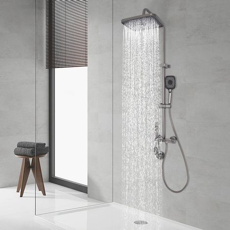 Juego completo de grifería de ducha, altura regulable de 65 a 105 centímetros, color gris  Ducha de mano con 3 modos de chorro, panel de control inteligente y rociador de techo en forma de fórmula mat (1/5)