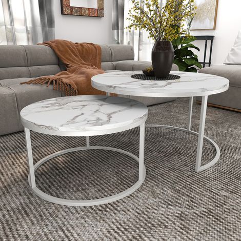 Couchtisch Marmoroptik, Beistelltisch für Wohnzimmer, Durchmesser 80 + 60 cm, Großer runder Tisch, MDF, Tischplatte weiß mit Rahmen silberfarben