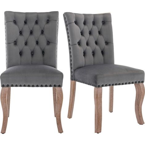 Chaise salle à manger - Velours - Lot de 2 - Pieds bois massif - Garniture cloutée (1/5)