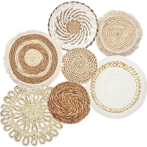 Ensemble de paniers muraux Boho, décor mural en rotin, paniers tissés plats et ronds en hyacinthe d'eau et en écorce de maïs, décoration de style ferme artisanale en macramé pour salon, chambre (1/5)