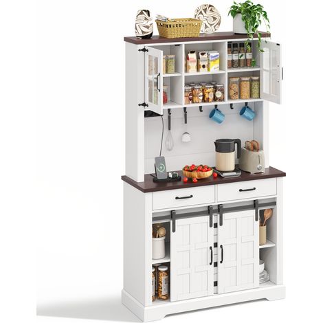 Buffet de cuisine multifonction avec prise, LED RGB, 6 tiroirs, étagères réglables, portes vitrées et plateau, 180 x 108 x 40 cm, blanc  CHICFURN (1/5)